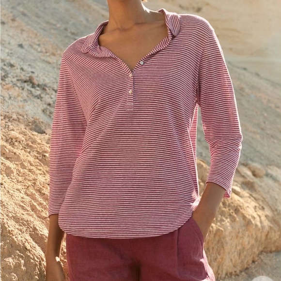 NWT - Poetry 100% Linen Striped 3/4 Sleeve Polo Shirt in 'Fuschia White' - US 12